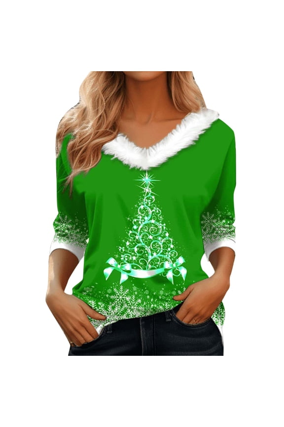 Tops For Women Christmas Trendy V Neck 3/4 Sleeve Tree Print Shirts Casual Party Blouse Tops