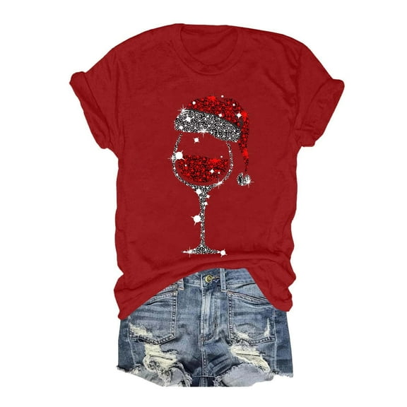Tops For Women Christmas Trendy Wine Glass Print Round Neck Short Sleeve Party Blouse Tops