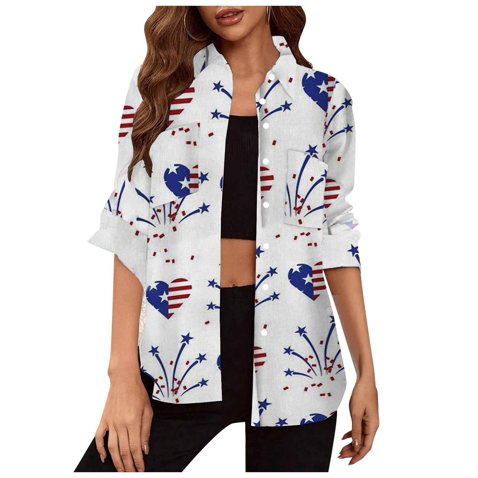 Tops For Women Elbow Sleeve Button Down Summer Coverup Floral Printed