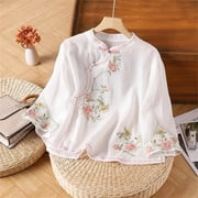 Tops For Women Embroidered Mexican Shirts Peasant Blouses 3/4 Sleeve Tunic Linen Top Indian Dresses White 2XL