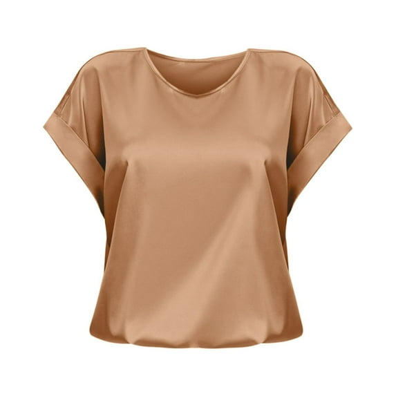 Tops For Women Short Sleeve Satin Loose Round Neck Blouse Tops Beige L