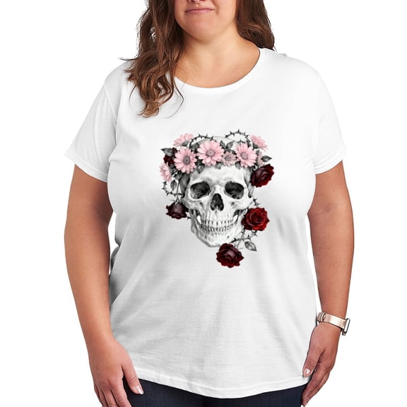 Tops For Women Skull Floal Graphic Tshirts For Women Trendy Black Blouses For Women Plus Size Sexy T-Shirts For Women Graphic Tees Trendy