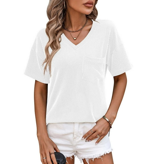 Tops For Women Solid Color Chest Pocket V Neck Twisted Strip Color Blocking Short Sleeved Loose T Shirt Short Sleeved Top Shirt