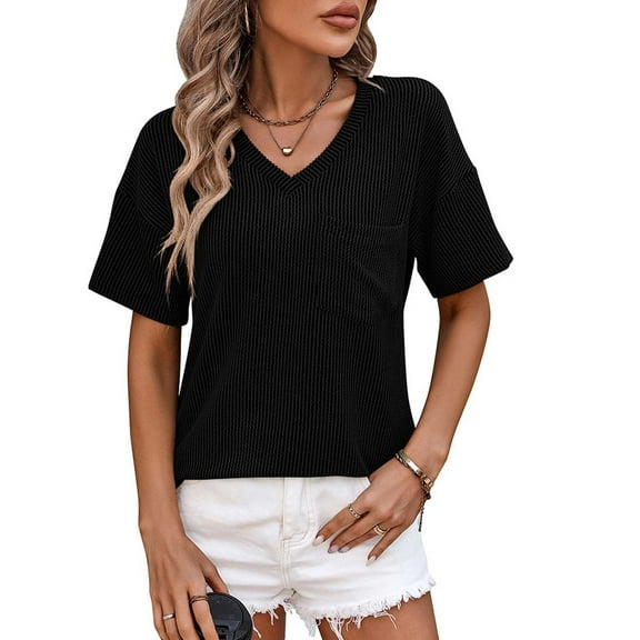 Tops For Women Solid Color Chest Pocket V Neck Twisted Strip Color Blocking Short Sleeved Loose T Shirt Short Sleeved Top Shirt