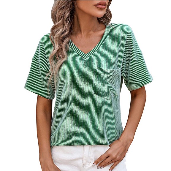 Tops For Women Solid Color Chest Pocket V Neck Twisted Strip Color Blocking Short Sleeved Loose T Shirt Short Sleeved Top Shirt