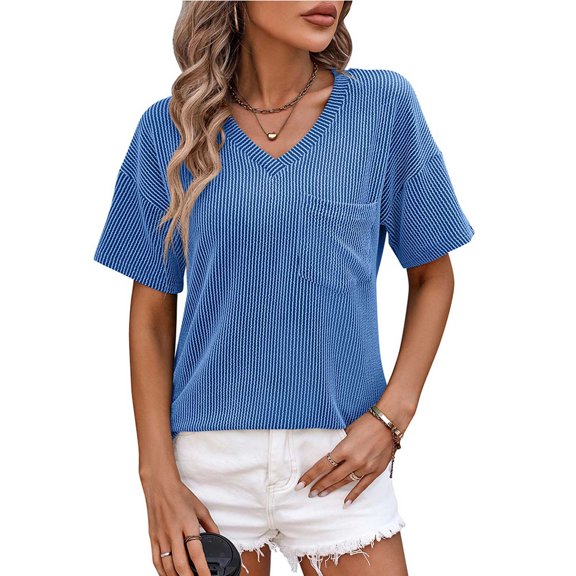 Tops For Women Solid Color Chest Pocket V Neck Twisted Strip Color Blocking Short Sleeved Loose T Shirt Short Sleeved Top Shirt