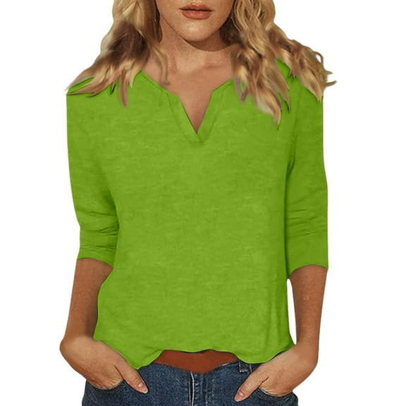 Tops For Women T-Shirts 3/4 Sleeve Solid Color V Neck Slim Fit Plus Size Outfits