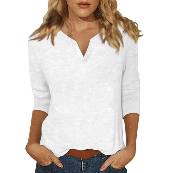 Tops For Women T-Shirts 3/4 Sleeve Solid Color V Neck Slim Fit Plus Size Outfits