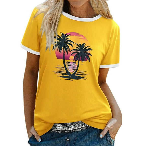 Tops For Women T-Shirts Color Block Graphic Short Sleeve Beach Summer Fall Outfits Fashion Clothes 2025