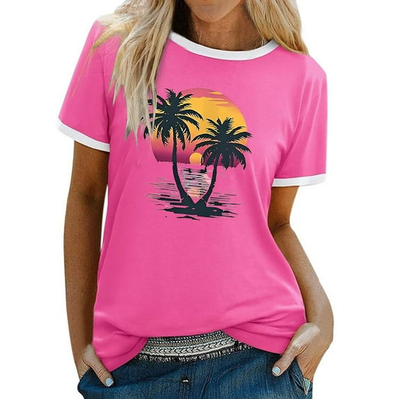 Tops For Women T-Shirts Color Block Graphic Short Sleeve Beach Summer Workout Clothes