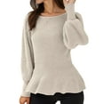 thumbnail image 1 of Tops For Women T-Shirts Elegant Solid Ribbed Knit Long Puffed Sleeves Ruffle Hem Slim Fall Outfits Fashion Clothes 2025, 1 of 5
