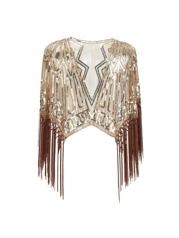 Tops For Women T-Shirts Flapper Sequin Fringe Shawl 1920s Beaded Cape Party Shrug Wrap Basic Slim Outfits Gold