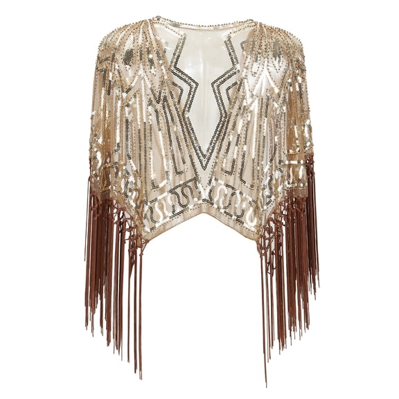Tops For Women T-Shirts Flapper Sequin Fringe Shawl 1920s Beaded Cape Party Shrug Wrap Basic Slim Outfits Gold