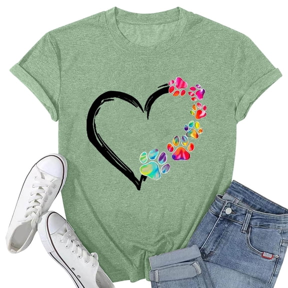 Tops For Women T-Shirts Heart Print Short Sleeves Summer Funny Graphic Fashion Clothing