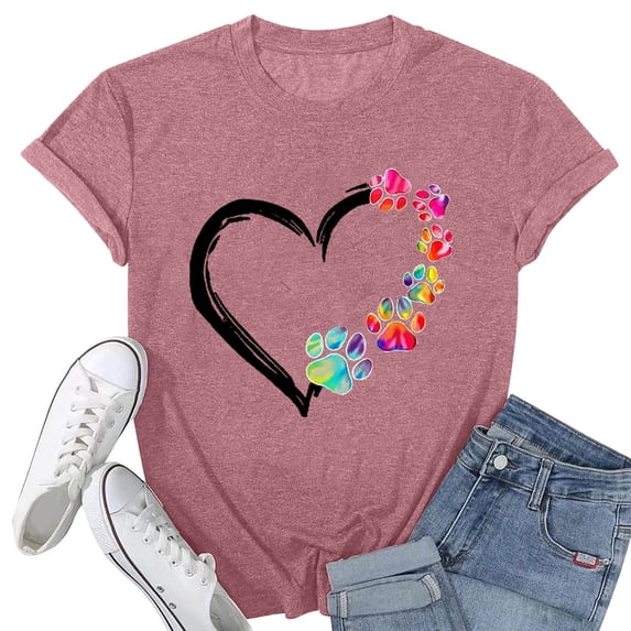 Tops For Women T-Shirts Heart Print Short Sleeves Summer Funny Graphic Fashion Clothing