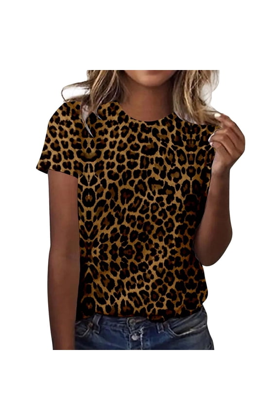 Tops For Women T-Shirts Leopard Print Short Sleeve Crewneck Casual Trendy Outfits Beige