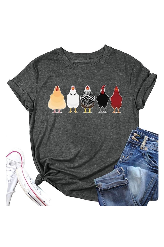 Tops For Women T-Shirts Letter Print Short Sleeves Funny Chicken Graphic Plus Size Clothes