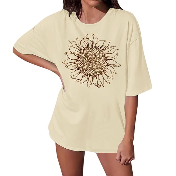 Tops For Women T-Shirts Oversized Loose Short Sleeve Sunflower Print Summer Layer Clothes