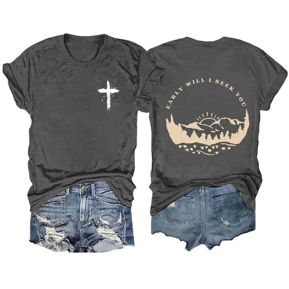 Tops For Women T-Shirts Printed Round Neck Solid Color Short Sleeved Plus Size Outfits