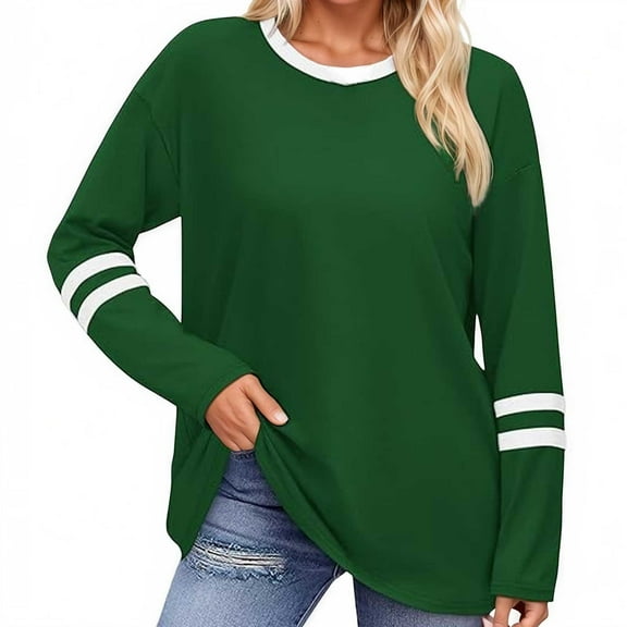 Tops For Women T-Shirts Round Neck Long Sleeved Striped Loose Patchwork Fashion Clothing