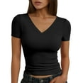thumbnail image 1 of Tops For Women T-Shirts Solid Short Sleeve V Neck Going Out Cropped Fall Outfits Fashion Clothes 2025, 1 of 5