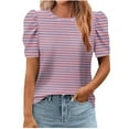 thumbnail image 1 of Tops For Women Trendy Sevevn Women's Casual Short Puff Sleeve Crew Neck Striped T-Shirts Summer Tops Summer Tops For Women 2025, 1 of 5