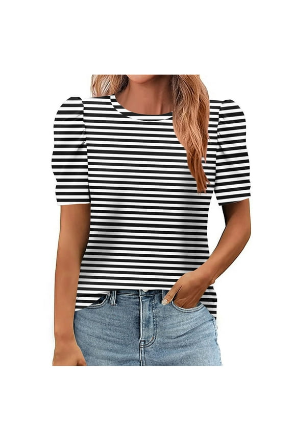 Tops For Women Trendy Sevevn Women's Casual Short Puff Sleeve Crew Neck Striped T-Shirts Summer Tops Summer Tops For Women 2025