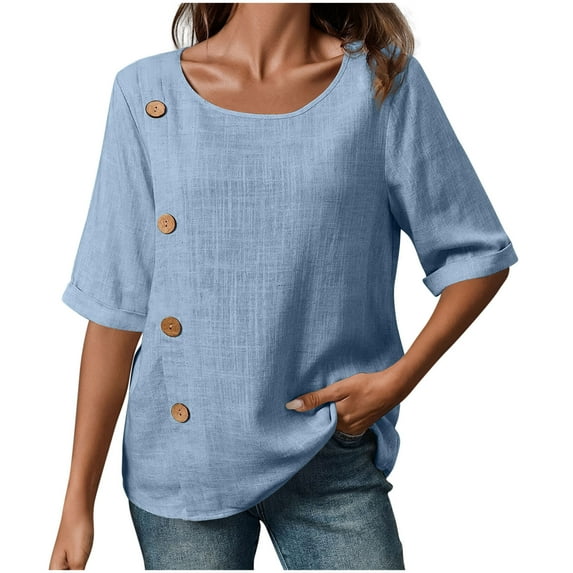 Tops For Women Trendy Sevevn Women's Summer Imitation Cotton And Linen Round Neck Button Short Sleeved Shirt