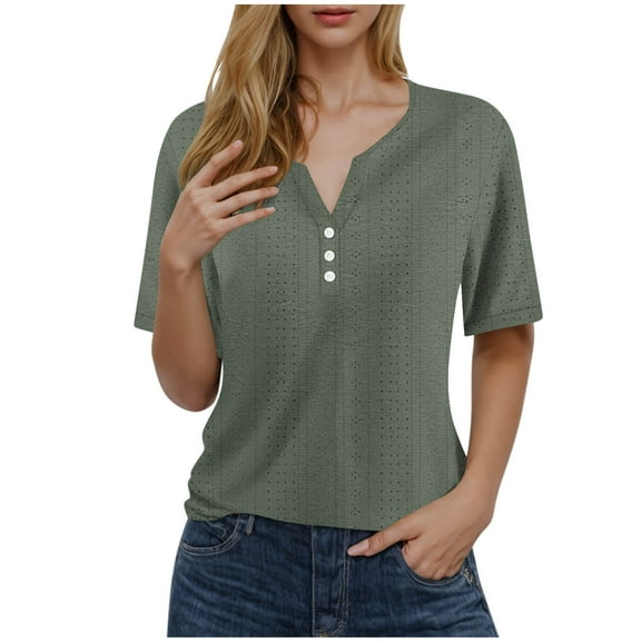 Tops For Women Trendy Sevevn Women's V-Neck Button Solid Color Short Sleeve T-Shirt Loose Top