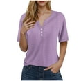 thumbnail image 1 of Tops For Women Trendy Sevevn Women's V-Neck Button Solid Color Short Sleeve T-Shirt Loose Top, 1 of 6
