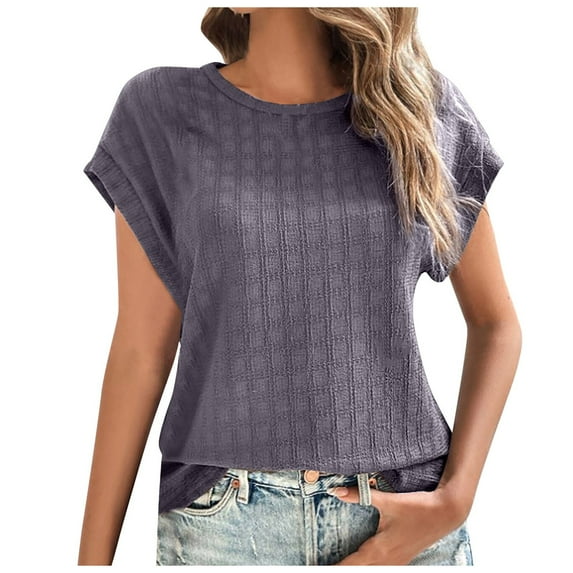 Tops For Women Trendy Summer Casual Cap Short Sleeve Basic Textured Solid Color Round Neck T Shirts Blouse