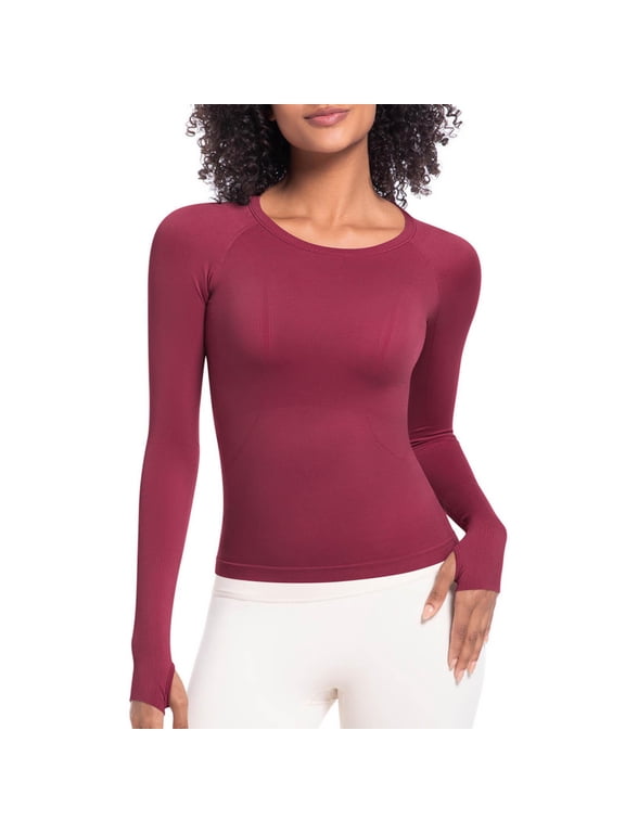 Tops For Women Trendy Summer Casual Solid Color Sports Yoga Drying Long Sleeved Round Neck Wine Casual Loose Tunic Blouses S-XL