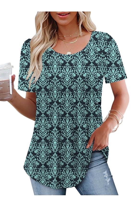 Tops For Women Trendy Summer Pleated Shirts Loose Short Sleeve Tees Cute Foral Print Going Out Tshirts L