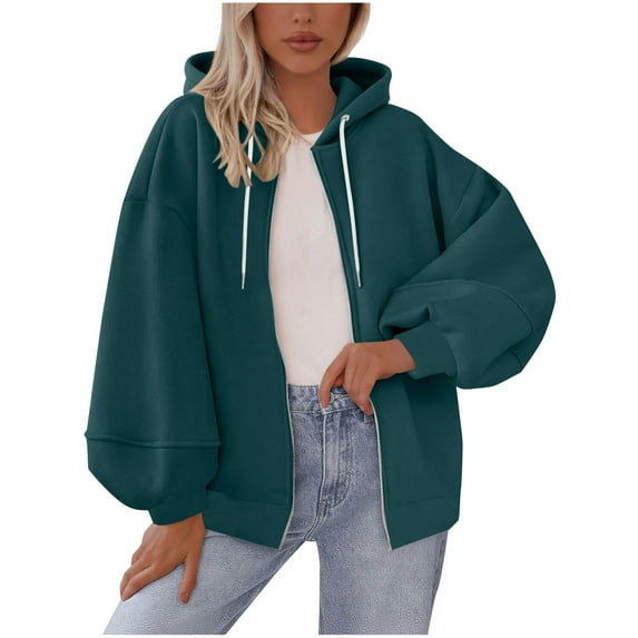 Tops For Women Zip Up Hooded Sweatshirts Solid Color Long Sleeve Casual Loose Lightweight Comfy Fall Oversized Jacket (S, Navy)