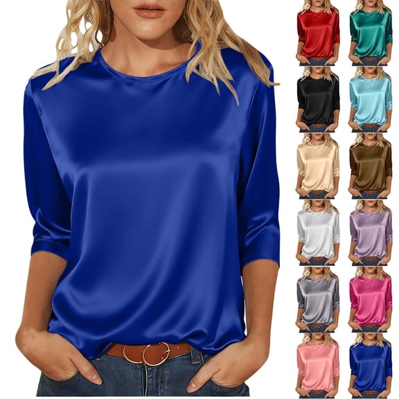 Tops Lightweight Tops & Blouses Women's Spring/Summer Satin Three-Quarter Sleeve Round-Neck Solid Color Pullover Top Blue M