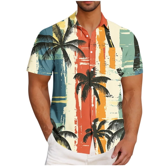 Tops On Sale JXMVOJ Men's Hawaiian Print Button-Down Short Sleeve Shirt, Collared Summer Casual Shirt, Lightweight Beachwear, Vacation Open Front Top