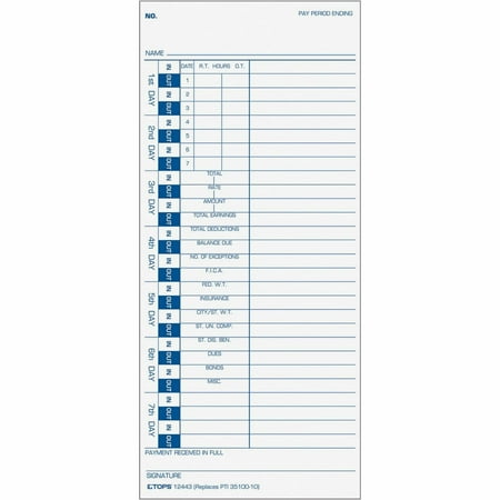 Tops One Side Weekly Time Cards, White, 100 Pack