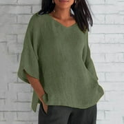 Tops On Sale 3/4 Sleeve Womens Tops Summer Large Size Cotton Linen Loose Plain Oversized Tunic Pullover Tee Shirts Going Out Tops Casual Athletic Tshirt