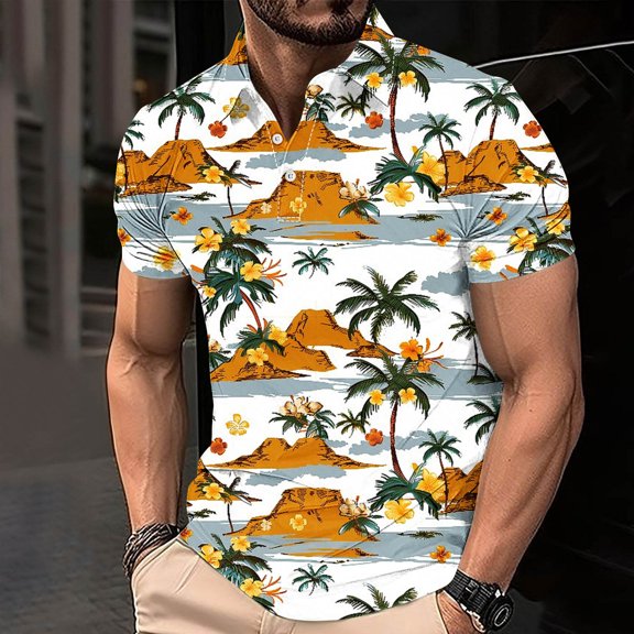 Tops On Sale JXMVOJ Men's Spring Summer Floral Print Short Sleeve Polo Shirt, Casual Button-Down Shirt, Stylish Tropical Shirt for Beach, Vacation & Daily Wear