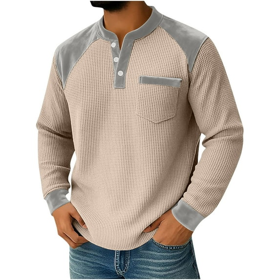 Tops Sweaters for Men Long Sleeve Waffle Shirts for Men Quarter Button V Neck Sweatshirt Velvet Patchwork Lightweight Golf Pullover Sweater Blouse Beige L