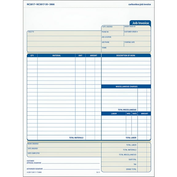 Tops TOP3866, Three-Part Carbonless Job Invoice Forms, White, 50 / Pack