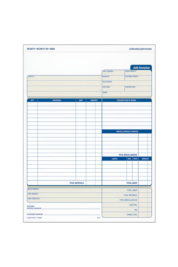 TOP3866, Three-Part Carbonless Job Invoice Forms, White, 50 / Pack