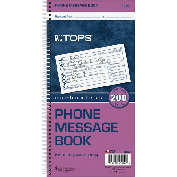 Tops TOP4002 Phone Message Book- 4 Calls-Pg- 200 Sets- 11 in. x 5.5 in.- WE-CY
