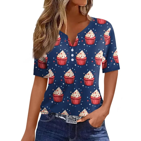 Tops For Women 2025, 4Th Of July Print T Shirt Button V Neck Short Sleeve Daily Weekend Basic Top Womens Valentines Day Shirt Sleeveless Tops Tunic Wear With Leggings Tops (XL, Navy) ZMTing