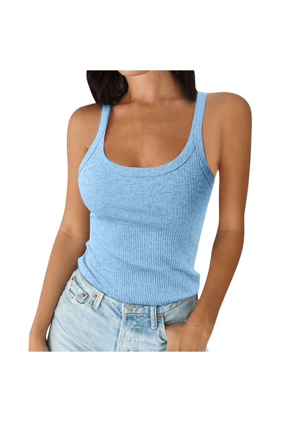 Tops For Women 2025, Built In Bra Casual Comfort Colors Square Neck Sleeveless Workout Athletic Crop Elastic Tank Tops Spring 2025 Ladies Tops Tube Placed By Work Casual (XXL, Light Blue) ZMTing