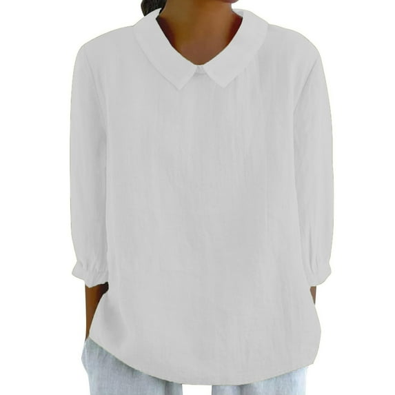 Tops For Women 2025, Loose Blouses Casual Solid Round Neck Long Sleeve Button Down Linen Shirt Lightweight Tops Basic Sleeves Sexy Tops Woman Tank Tops Hot Tops Work Tops (XL, White) ZMTing