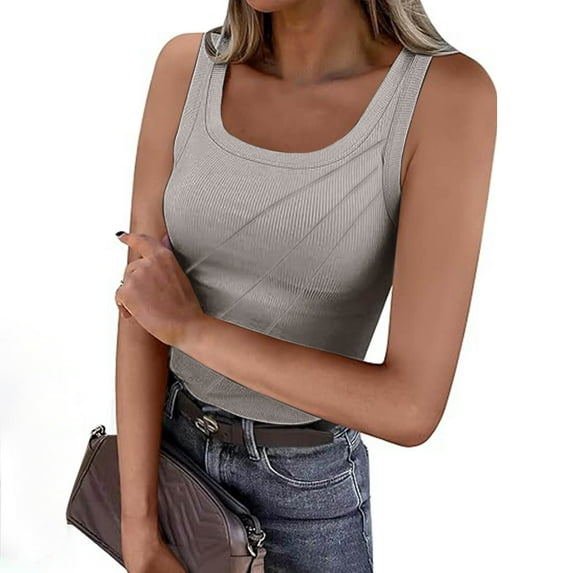 Tops for Women under $5 Sleeveless Solid Tank U-Neck Ribbed Summer Casual Tank Tops for Women Summer V Neck T Shirts Trendy Sleeveless Basic Tee Loose Fit 2025 Fashion Gray XL