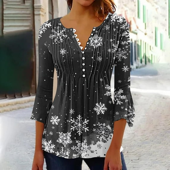 Tops for Women Christmas Long Sleeved Tunic Printed Casual V-neck Pullover Flowy Tunic Top Pleated Casual Blouses Loose Fit Dressy,Womens Tops Dark Gray