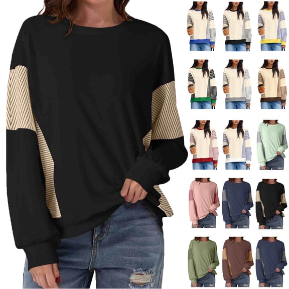 Tops for Women Crew Neck Shirts Fall Blouses Casual Basic Tee Womens Sweatshirt Casual Long Sleeve Crewneck Sweatshirts Loose Solid Pullover Tops Hoodless Sweatshirts Family Gifts Black XL