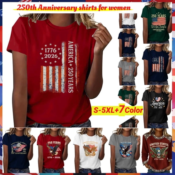 Tops for Women,Ladies Star Spangled 250th Anniversary Shirt, Short Sleeve Printed Round Neck Tee, Lightweight Comfortable Material, Patriotic Parade Wear, United States Birthday Party Gift